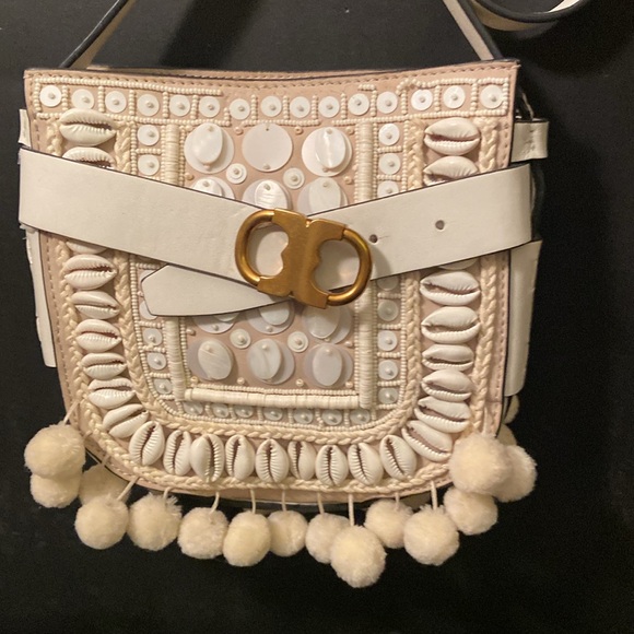 Tory Burch Gemini White Leather Shell Link Pom-Pom Small Cross-Body Bag